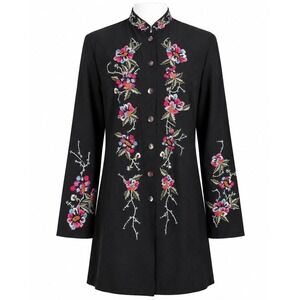VTG Units Silk Blend Embroidered Floral Duster Jacket Coat Women M Black New NWT